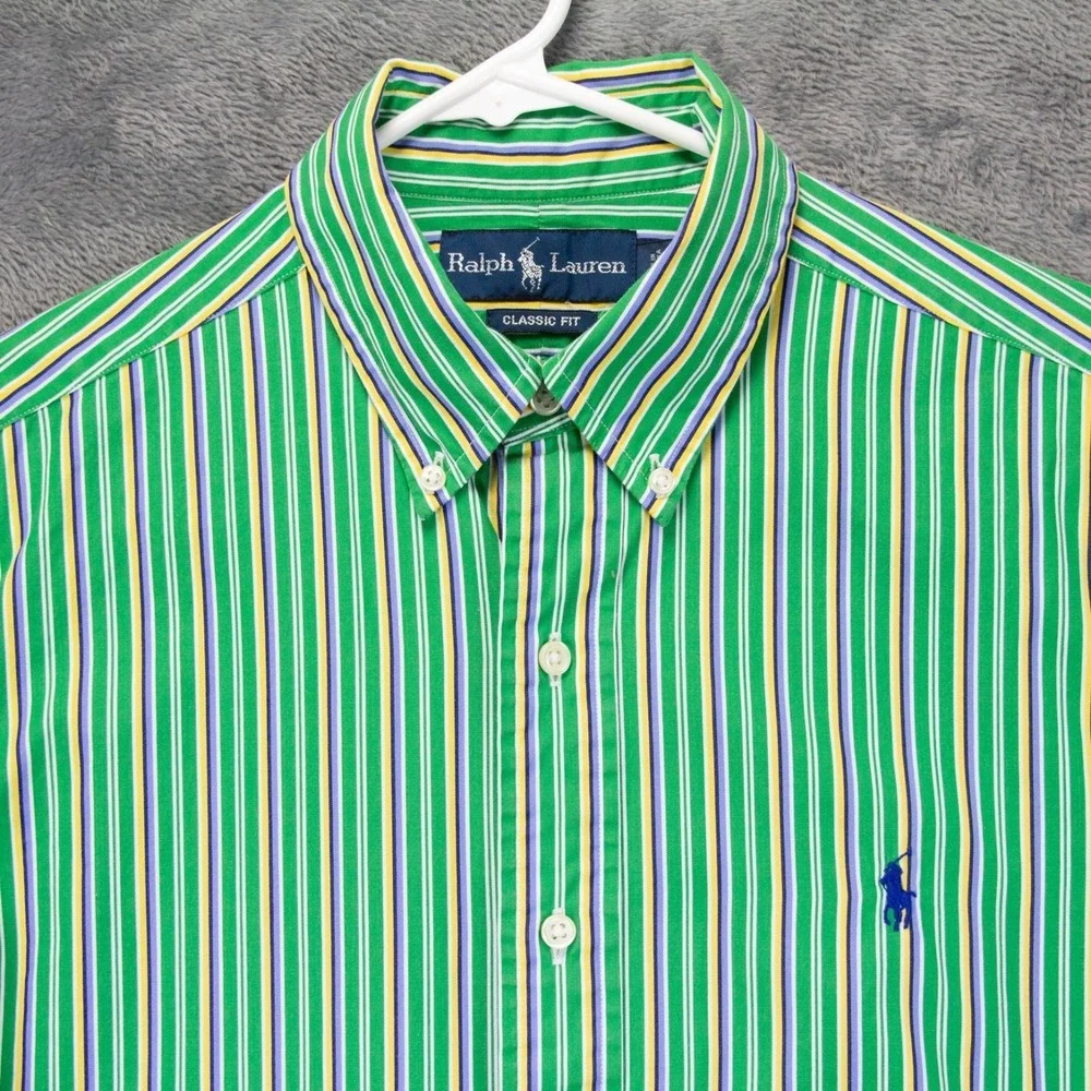 VTG Polo Ralph Lauren Mens Medium Green Stripe Classic‎ Fit LS Shirt